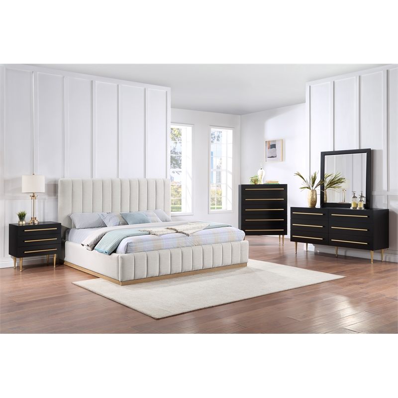 Maklaine Contemporary Rich Cream Linen Textured Fabric King Bed