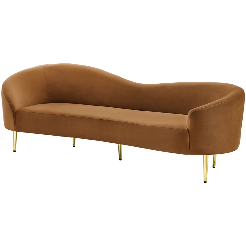 Maklaine Contemporary Rich Saddle Velvet Sofa in Brown with Gold Metal Legs