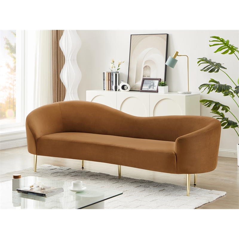 Maklaine Contemporary Rich Saddle Velvet Sofa in Brown with Gold Metal Legs