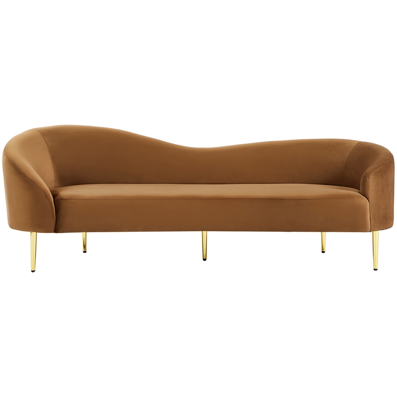 Maklaine Contemporary Rich Saddle Velvet Sofa in Brown with Gold Metal Legs