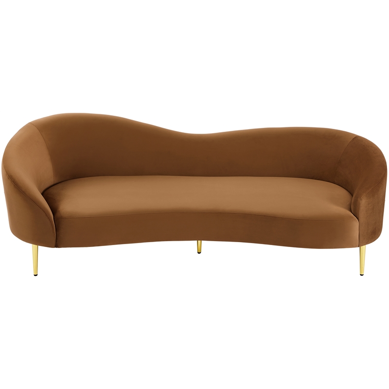 Maklaine Contemporary Rich Saddle Velvet Sofa in Brown with Gold Metal Legs