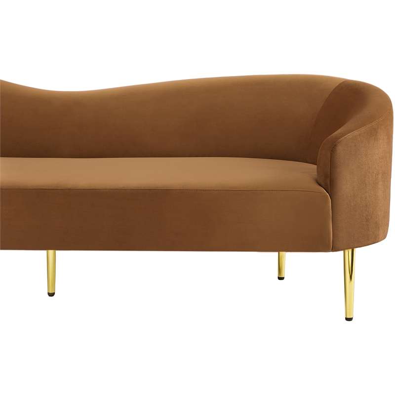Maklaine Contemporary Rich Saddle Velvet Sofa in Brown with Gold Metal Legs