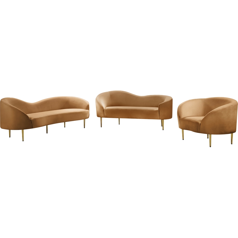 Maklaine Contemporary Rich Saddle Velvet Sofa in Brown with Gold Metal Legs
