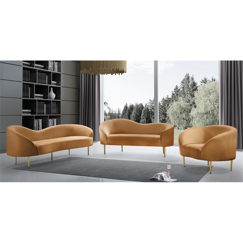 Maklaine Contemporary Rich Saddle Velvet Sofa in Brown with Gold Metal Legs