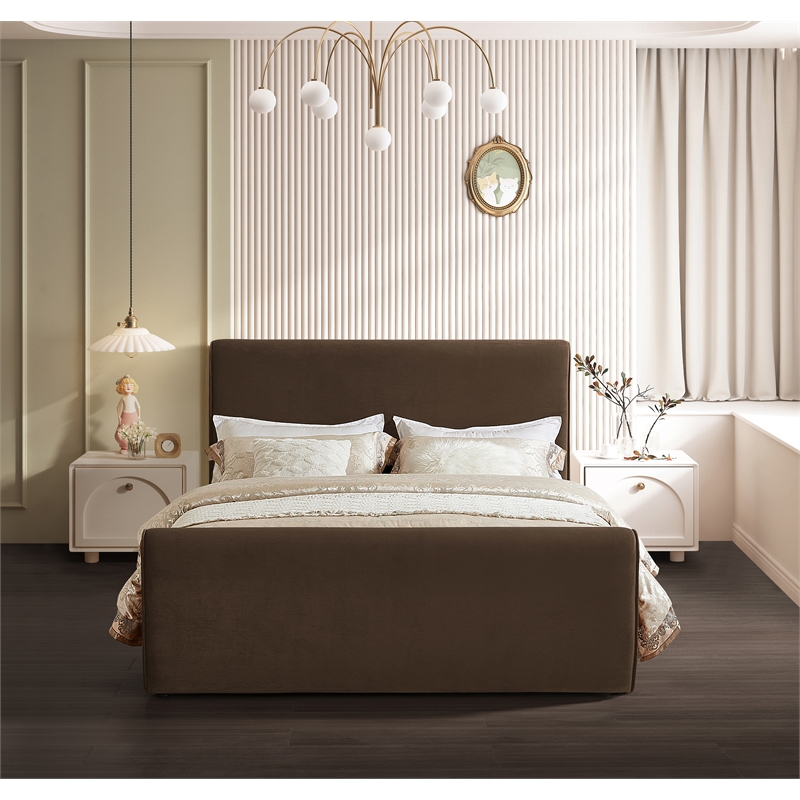 Maklaine Rich Soft Brown Velvet Curved Headboard and Footboard Queen Bed