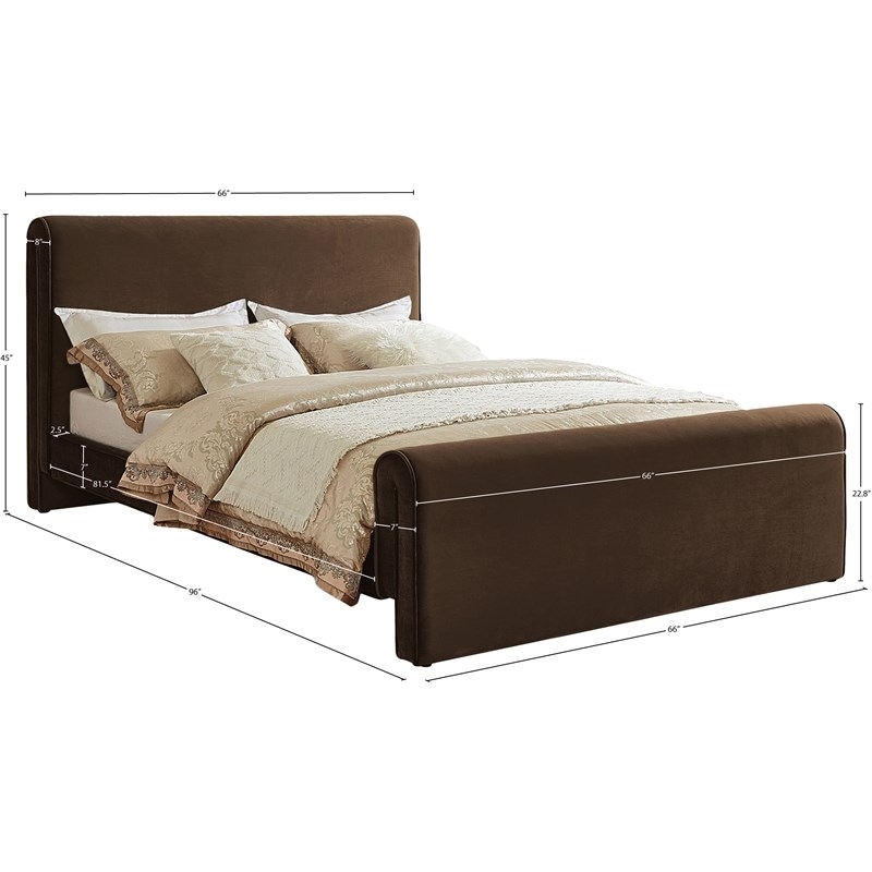 Maklaine Rich Soft Brown Velvet Curved Headboard and Footboard Queen Bed
