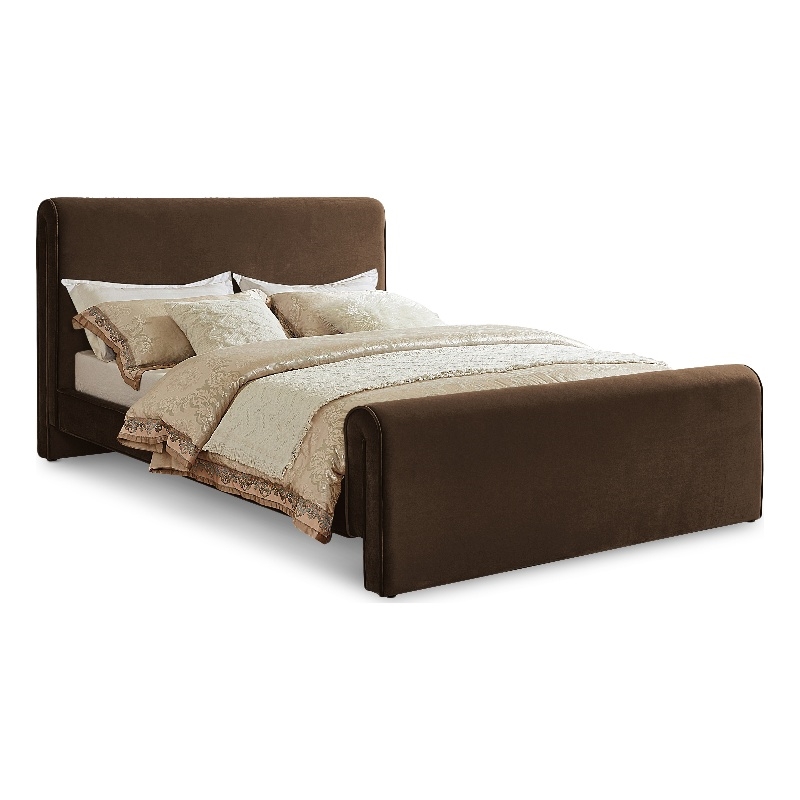 Maklaine Rich Soft Brown Velvet Curved Headboard and Footboard Queen Bed