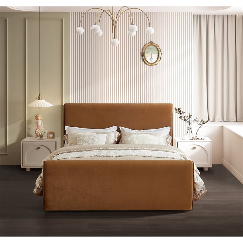 Maklaine Rich Soft Saddle Velvet Curved Headboard and Footboard Queen Bed