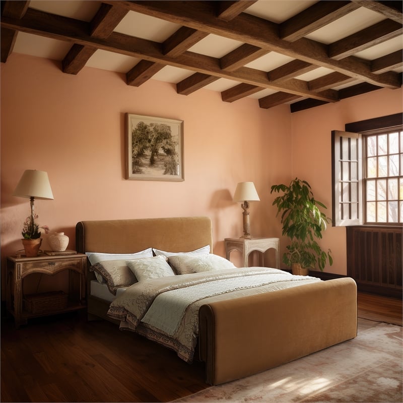 Maklaine Rich Soft Saddle Velvet Curved Headboard and Footboard Queen Bed