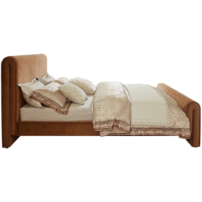 Maklaine Rich Soft Saddle Velvet Curved Headboard and Footboard Queen Bed