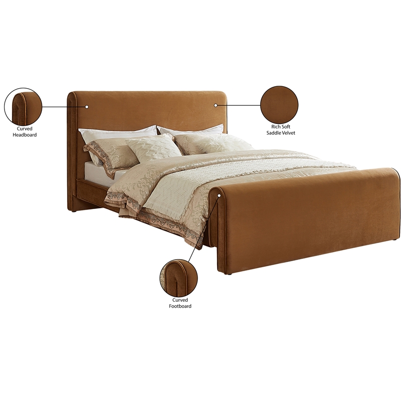 Maklaine Rich Soft Saddle Velvet Curved Headboard and Footboard Queen Bed