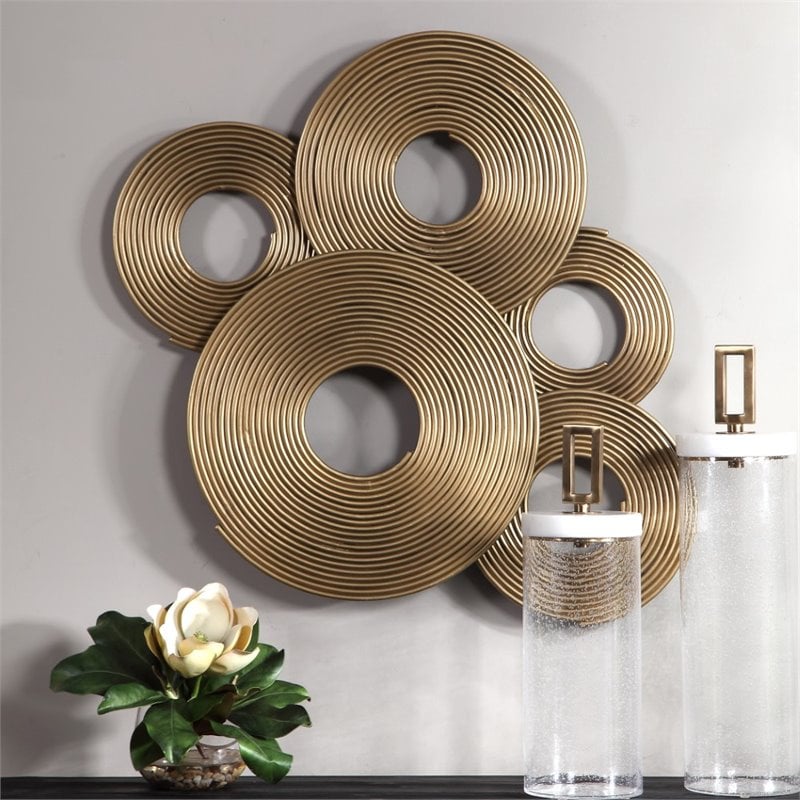Maklaine Contemporary Iron Metal Rings Wall Decor in Soft Gold