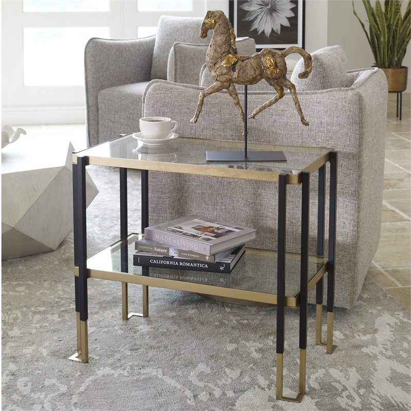 Maklaine Contemporary Iron Metal and Glass Side Table in Matte Black