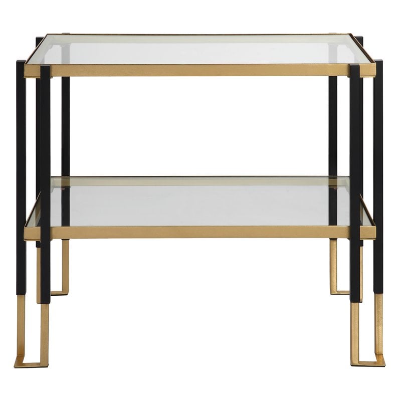 Maklaine Contemporary Iron Metal and Glass Side Table in Matte Black