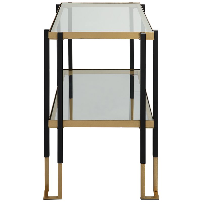 Maklaine Contemporary Iron Metal and Glass Side Table in Matte Black