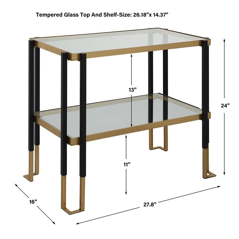 Maklaine Contemporary Iron Metal and Glass Side Table in Matte Black