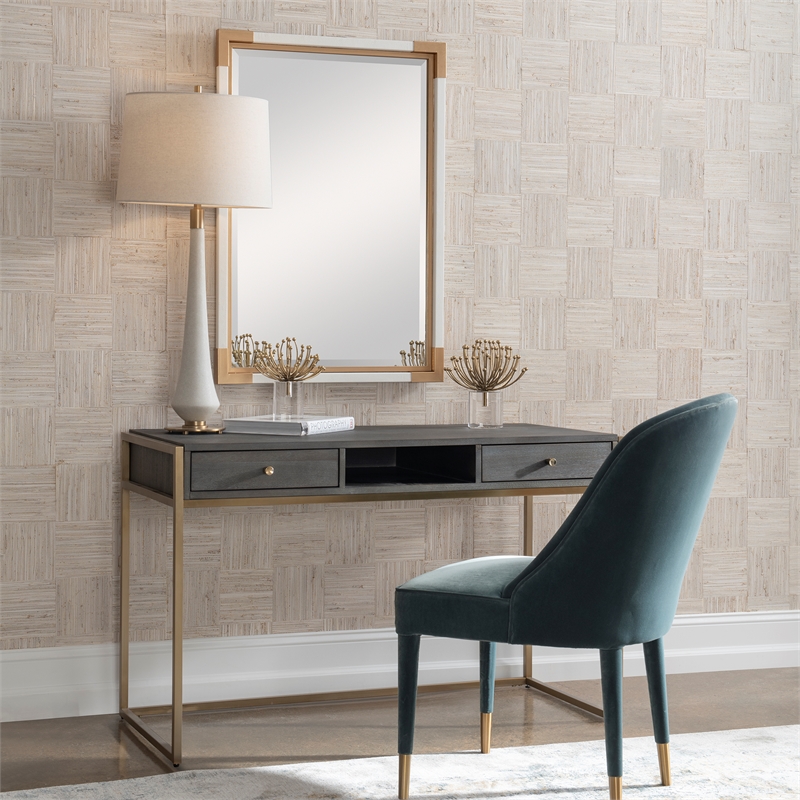 Maklaine Modern Wood and Stainless Steel Writing Desk in Brass/Woodtone