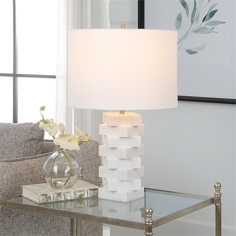 Maklaine Contemporary Rice Stone and Linen Geometric Table Lamp in White