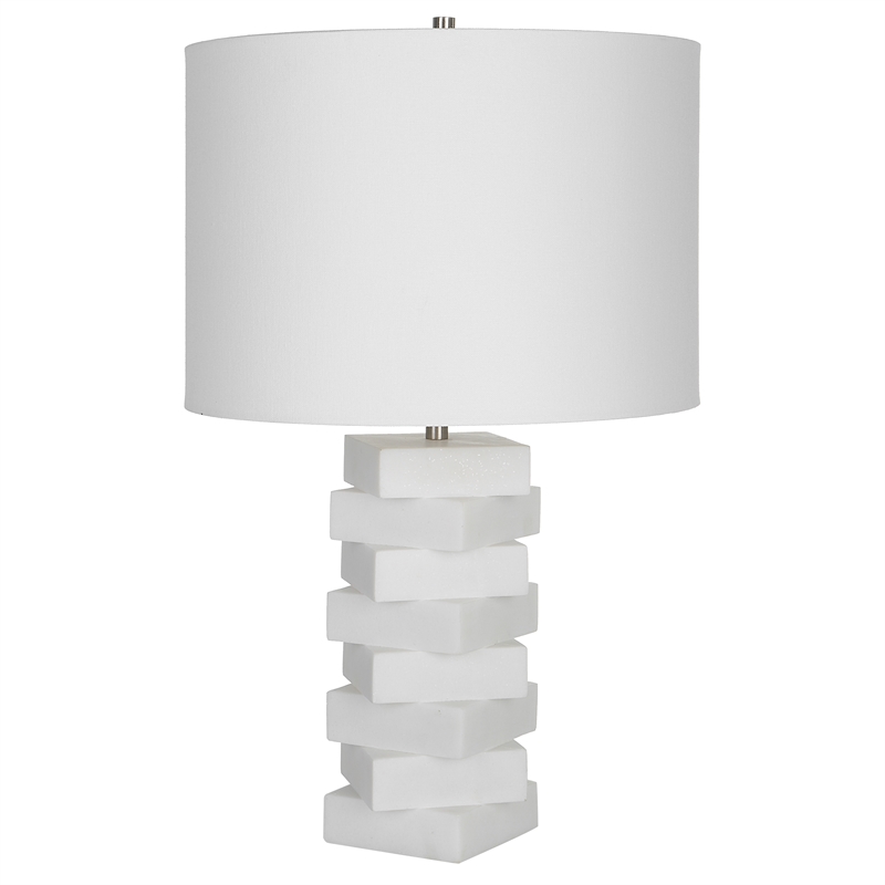 Maklaine Contemporary Rice Stone and Linen Geometric Table Lamp in White
