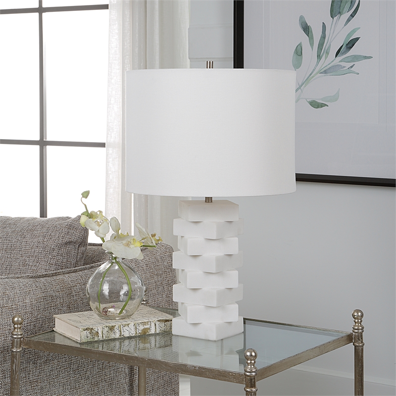 Maklaine Contemporary Rice Stone and Linen Geometric Table Lamp in White