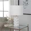 Maklaine Contemporary Rice Stone and Linen Geometric Table Lamp in White
