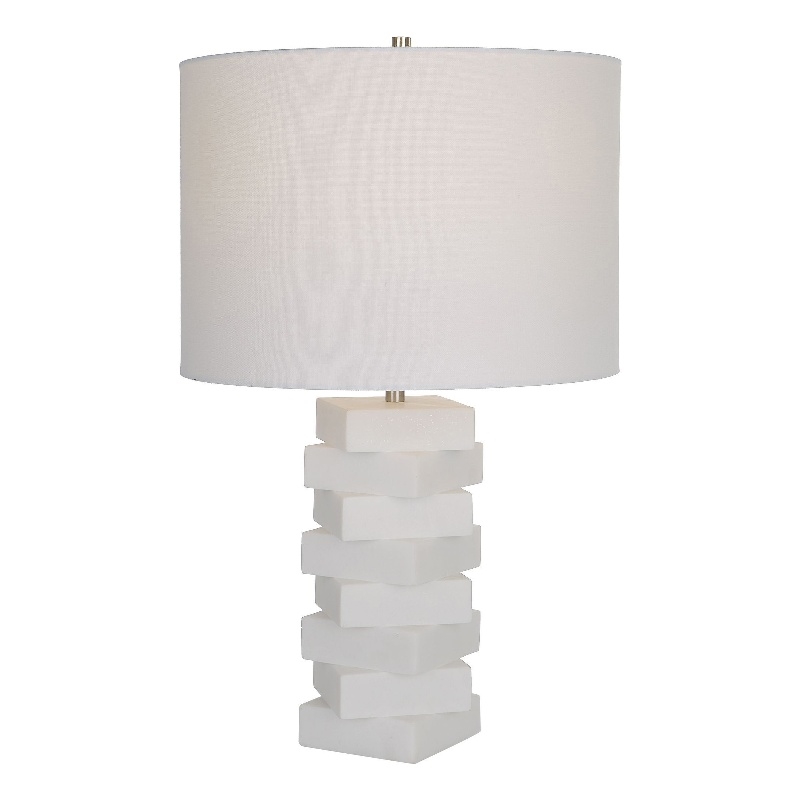 Maklaine Contemporary Rice Stone and Linen Geometric Table Lamp in White