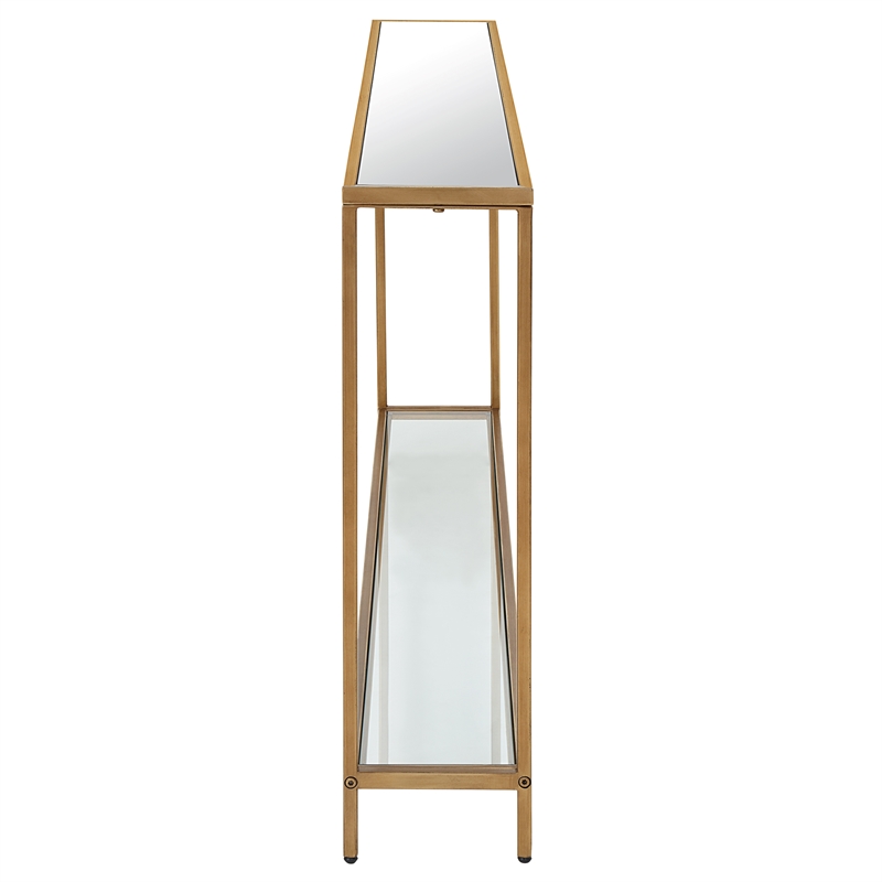 Maklaine Contemporary Metal Console Table with Mirror Top Self in Gold