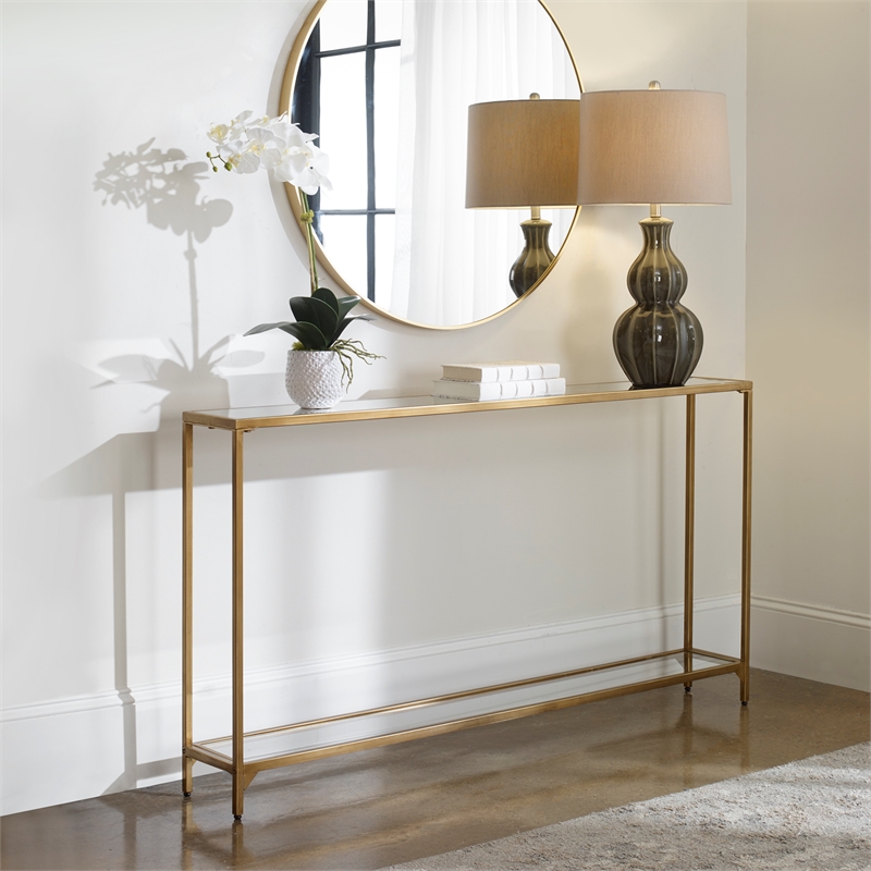 Maklaine Contemporary Metal Console Table with Mirror Top Self in Gold