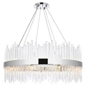 Maklaine 36&quot Round Modern Iron and Crystal Pendant in Chrome