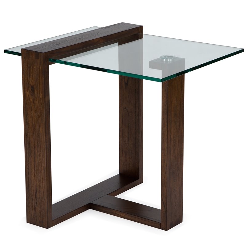 Maklaine Contemporary Rectangular Wood and Glass End Table in Brown