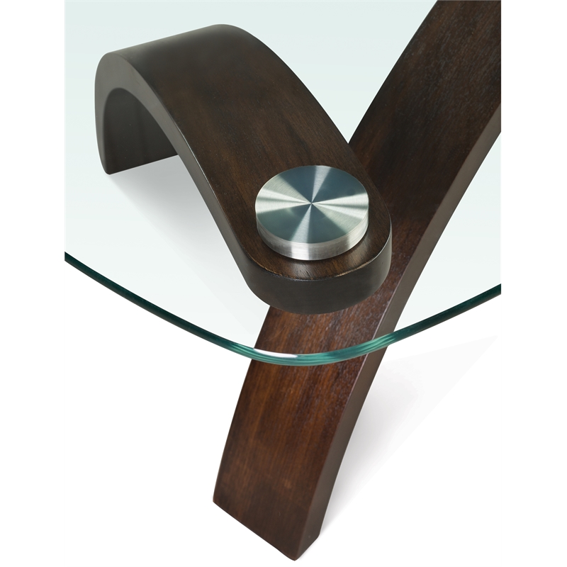 Maklaine Pie Shaped Solid Wood Cocktail Table in Brown with Glass Top