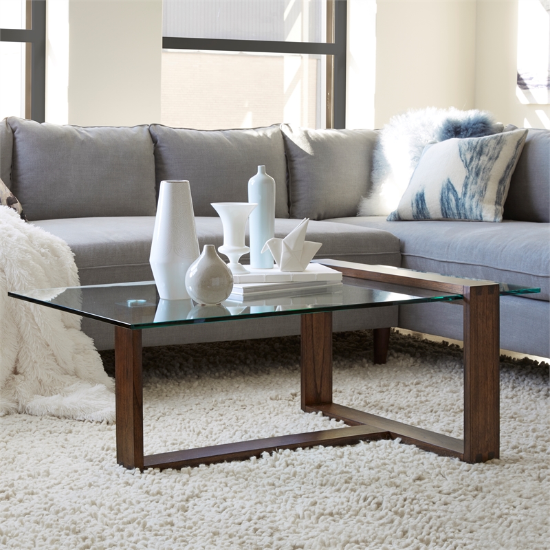 Maklaine Contemporary Rectangular Glass Top Cocktail Table in Brown
