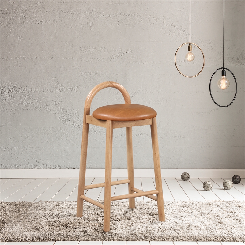 Maklaine Contemporary Cognac Vegan Leather Solid Wood Frame Stool (Set of 2)