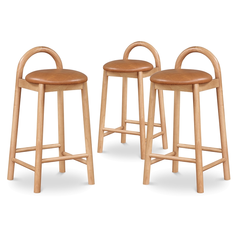 Maklaine Contemporary Cognac Vegan Leather Solid Wood Frame Stool (Set of 3)