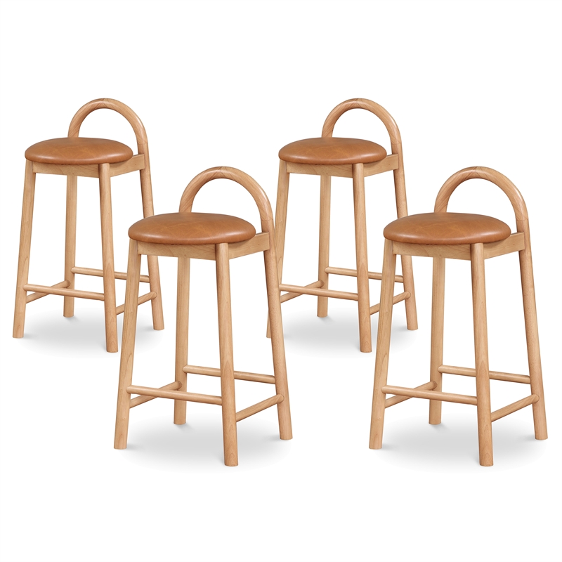 Maklaine Contemporary Cognac Vegan Leather Solid Wood Frame Stool (Set of 4)