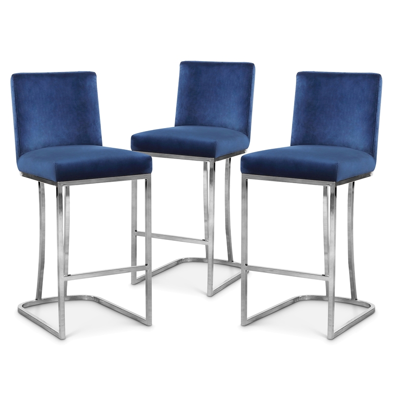 Maklaine Contemporary Navy Velvet Counter Height Stool (Set of 3)
