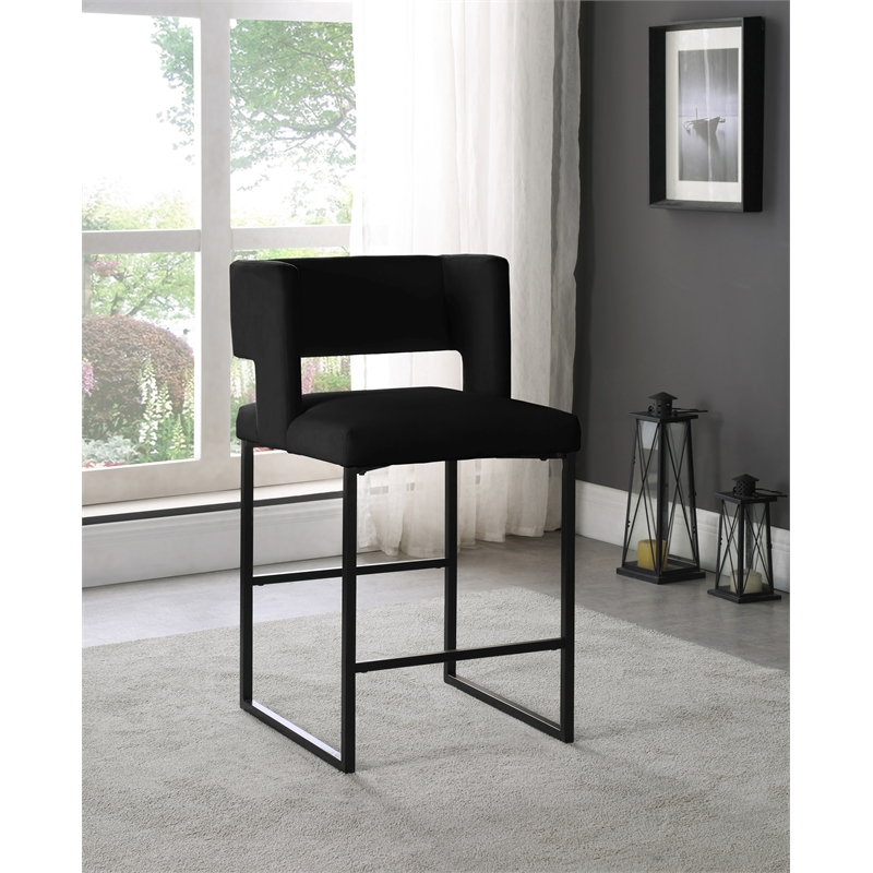 Maklaine Contemporary Black Velvet Counter Stool with Black Iron Legs (Set of 6)