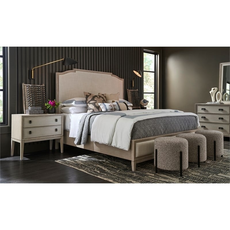 Makline Transitional Oak Wood Framed Linen Upholstered King Panel Bed