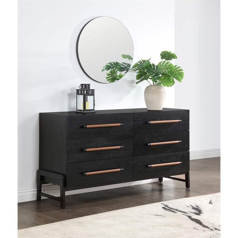 Maklaine Contemporary Oak Veneer Dresser with Solid Wood Legs in Black