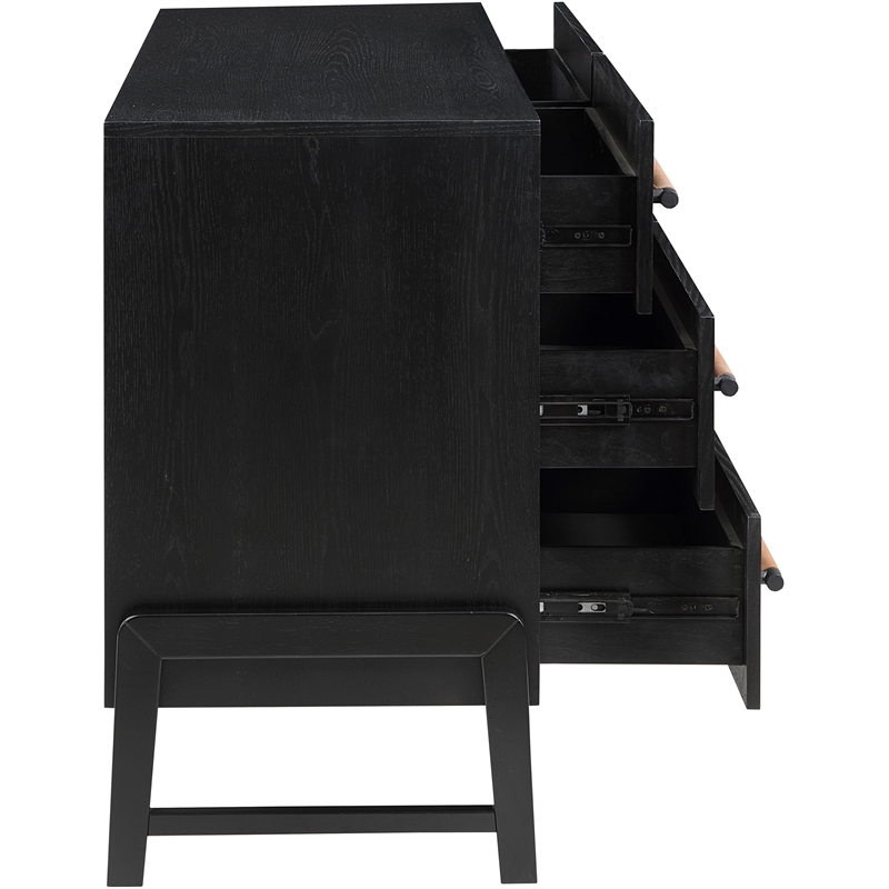 Maklaine Contemporary Oak Veneer Dresser with Solid Wood Legs in Black