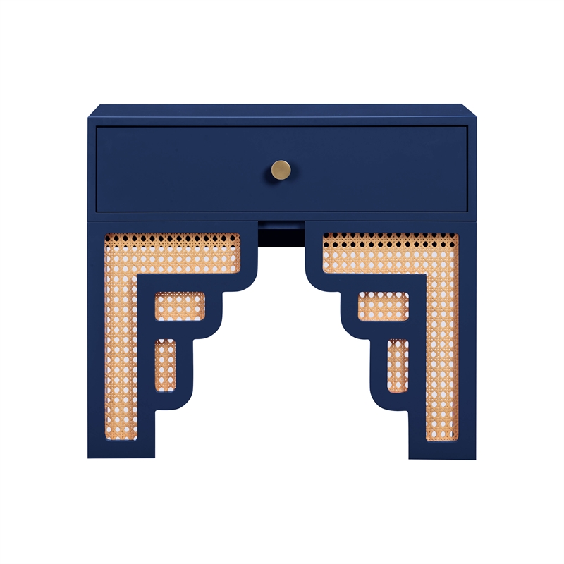 Maklaine Contemporary Handmade Woven Navy & Rattan Nightstand