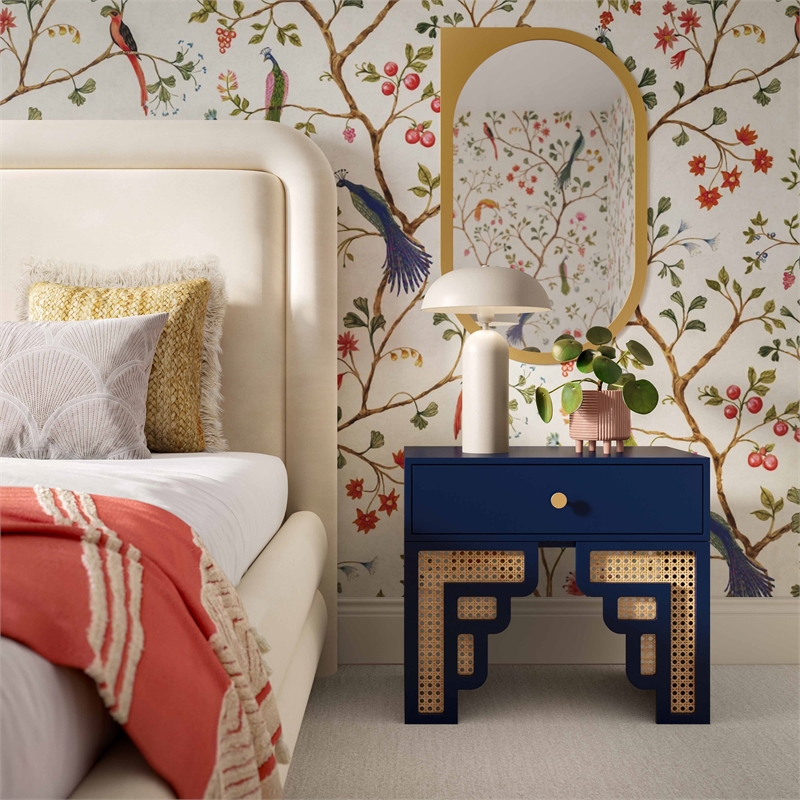 Maklaine Contemporary Handmade Woven Navy & Rattan Nightstand