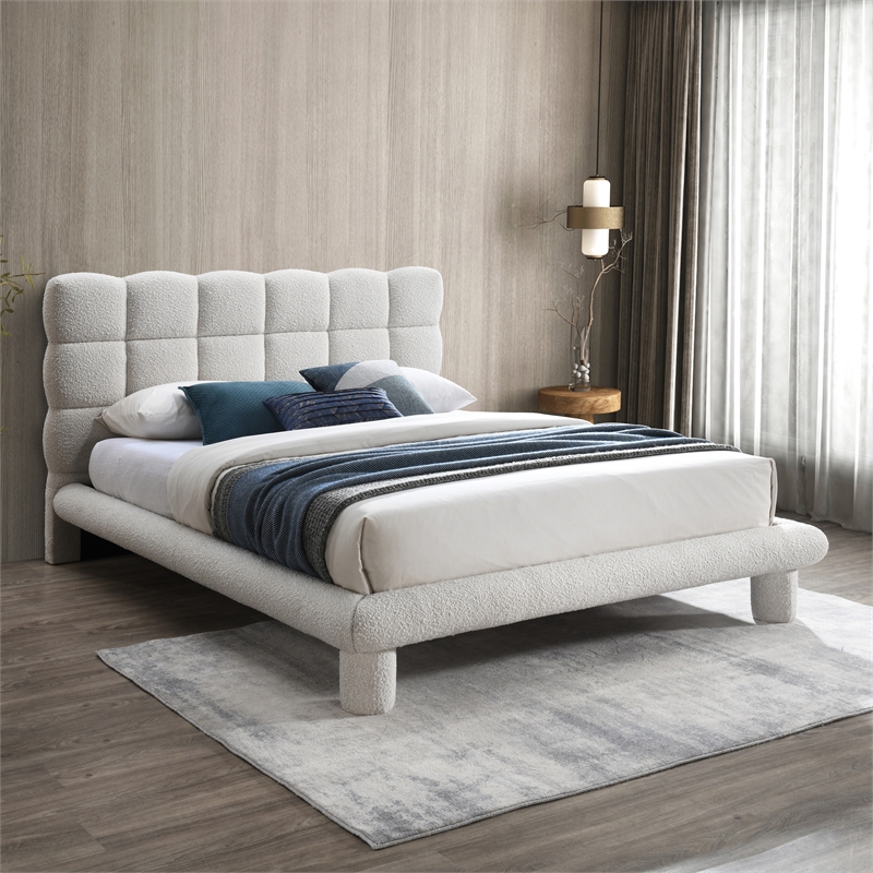 Maklaine Contemporary Rich Cream Finish Boucle Fabric Full Bed