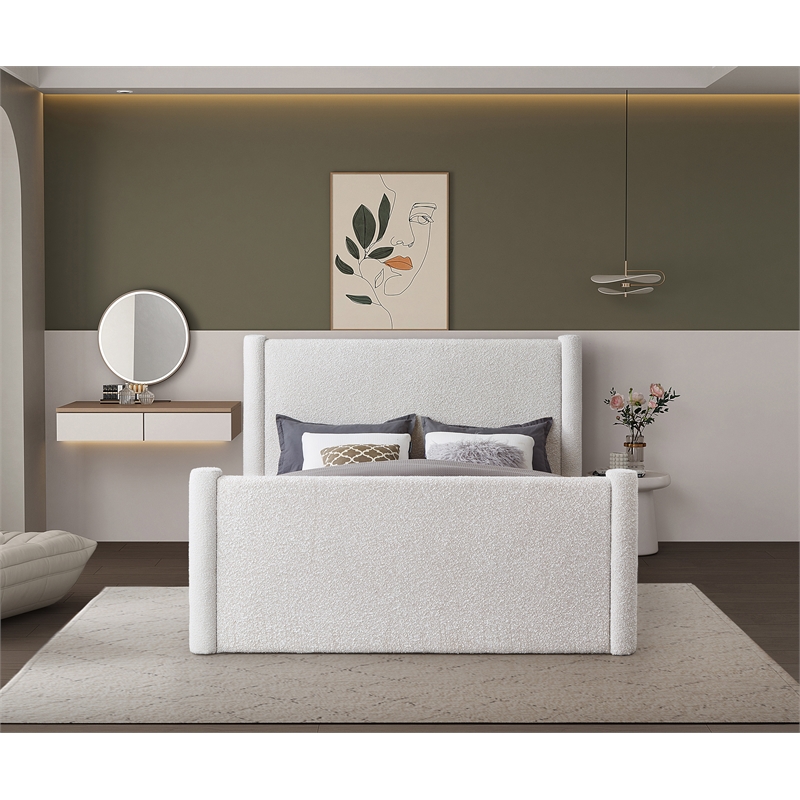 Maklaine Contemporary Rich Cream Finish Boucle Fabric Full Bed