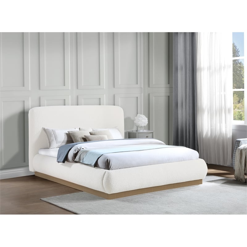 Maklaine Contemporary Rich Cream Finish Boucle Fabric Queen Bed