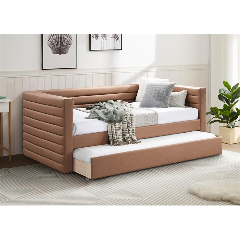 Maklaine Vegan Leather Cognac Twin Daybed Rectangular Water-Resistant 87