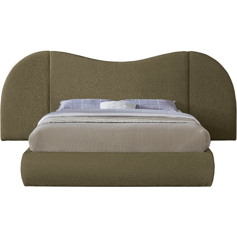 Maklaine Contemporary Rich Olive Green Boucle Fabric King Bed