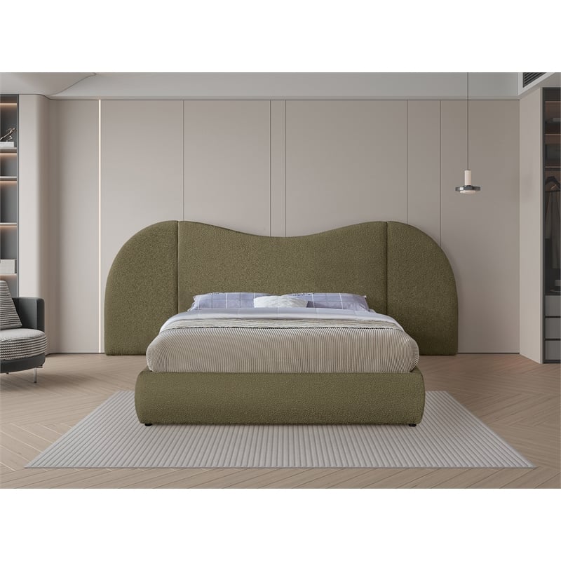 Maklaine Contemporary Rich Olive Green Boucle Fabric King Bed