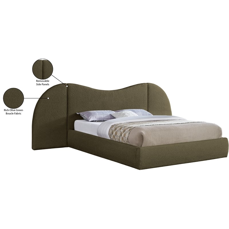 Maklaine Contemporary Rich Olive Green Boucle Fabric King Bed