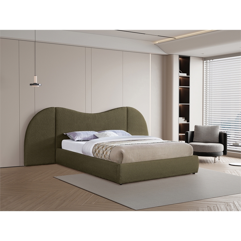 Maklaine Contemporary Rich Olive Green Boucle Fabric Queen Bed